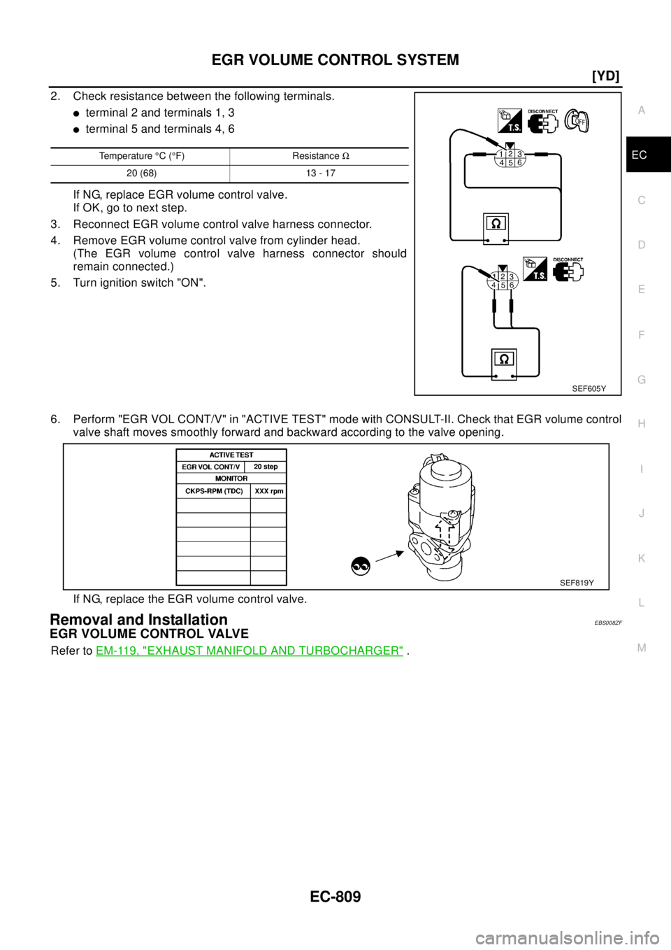 NISSAN X-TRAIL 2003  Electronic Repair Manual EGR VOLUME CONTROL SYSTEM
EC-809
[YD]
C
D
E
F
G
H
I
J
K
L
MA
EC
2. Check resistance between the following terminals.
lterminal 2 and terminals 1, 3
lterminal 5 and terminals 4, 6
If NG, replace EGR vo