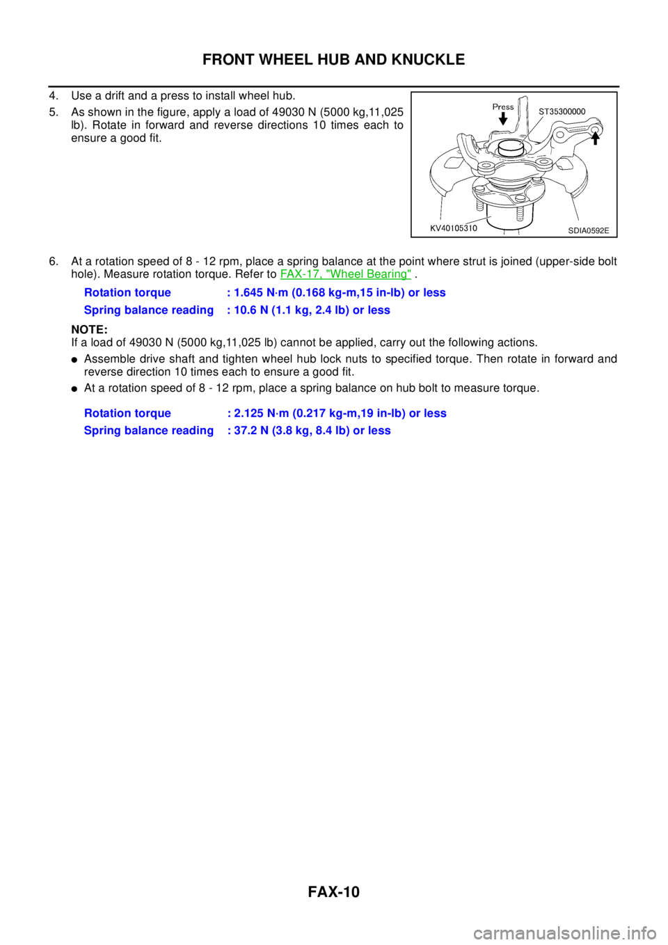 NISSAN X-TRAIL 2003  Electronic Repair Manual FAX-10
FRONT WHEEL HUB AND KNUCKLE
4. Use a drift and a press to install wheel hub.
5. As shown in the figure, apply a load of 49030 N (5000 kg,11,025
lb). Rotate in forward and reverse directions 10 