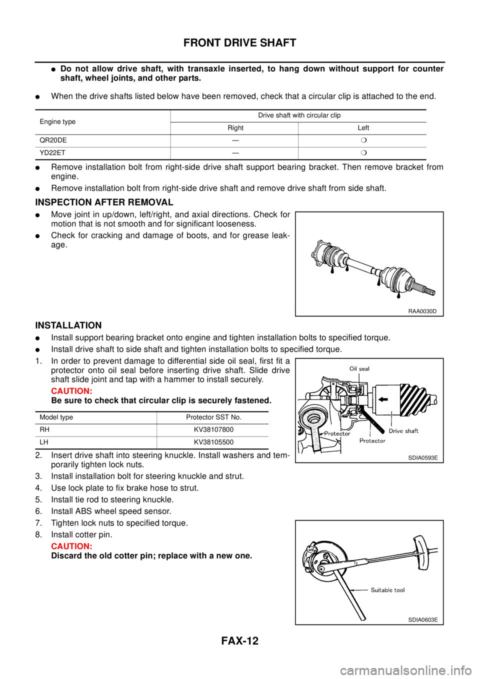 NISSAN X-TRAIL 2003  Electronic Repair Manual FAX-12
FRONT DRIVE SHAFT
lDo not allow drive shaft, with transaxle inserted, to hang down without support for counter
shaft, wheel joints, and other parts.
lWhen the drive shafts listed below have bee