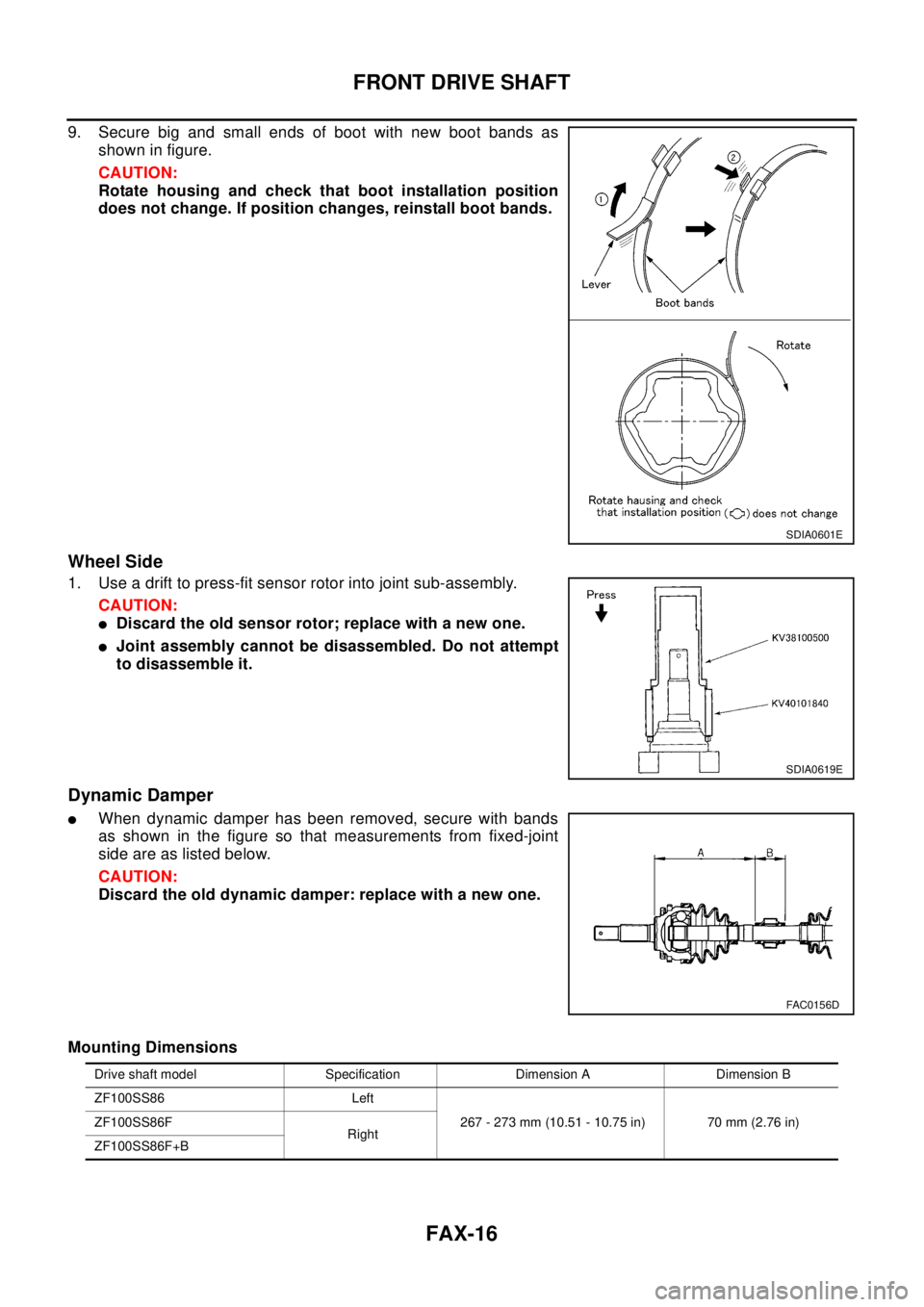 NISSAN X-TRAIL 2003  Electronic Repair Manual FAX-16
FRONT DRIVE SHAFT
9. Secure big and small ends of boot with new boot bands as
shown in figure.
CAUTION:
Rotate housing and check that boot installation position
does not change. If position cha