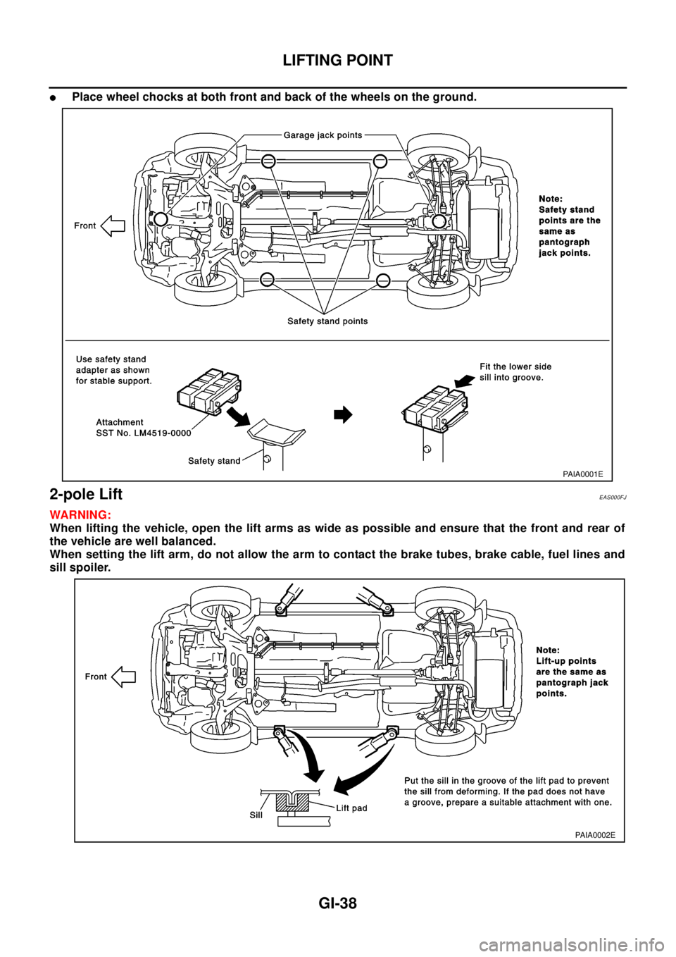 NISSAN X-TRAIL 2003  Electronic Repair Manual GI-38
LIFTING POINT
lPlace wheel chocks at both front and back of the wheels on the ground.
2-pole LiftEAS000FJ
WAR NIN G:
When lifting the vehicle, open the lift arms as wide as possible and ensure t