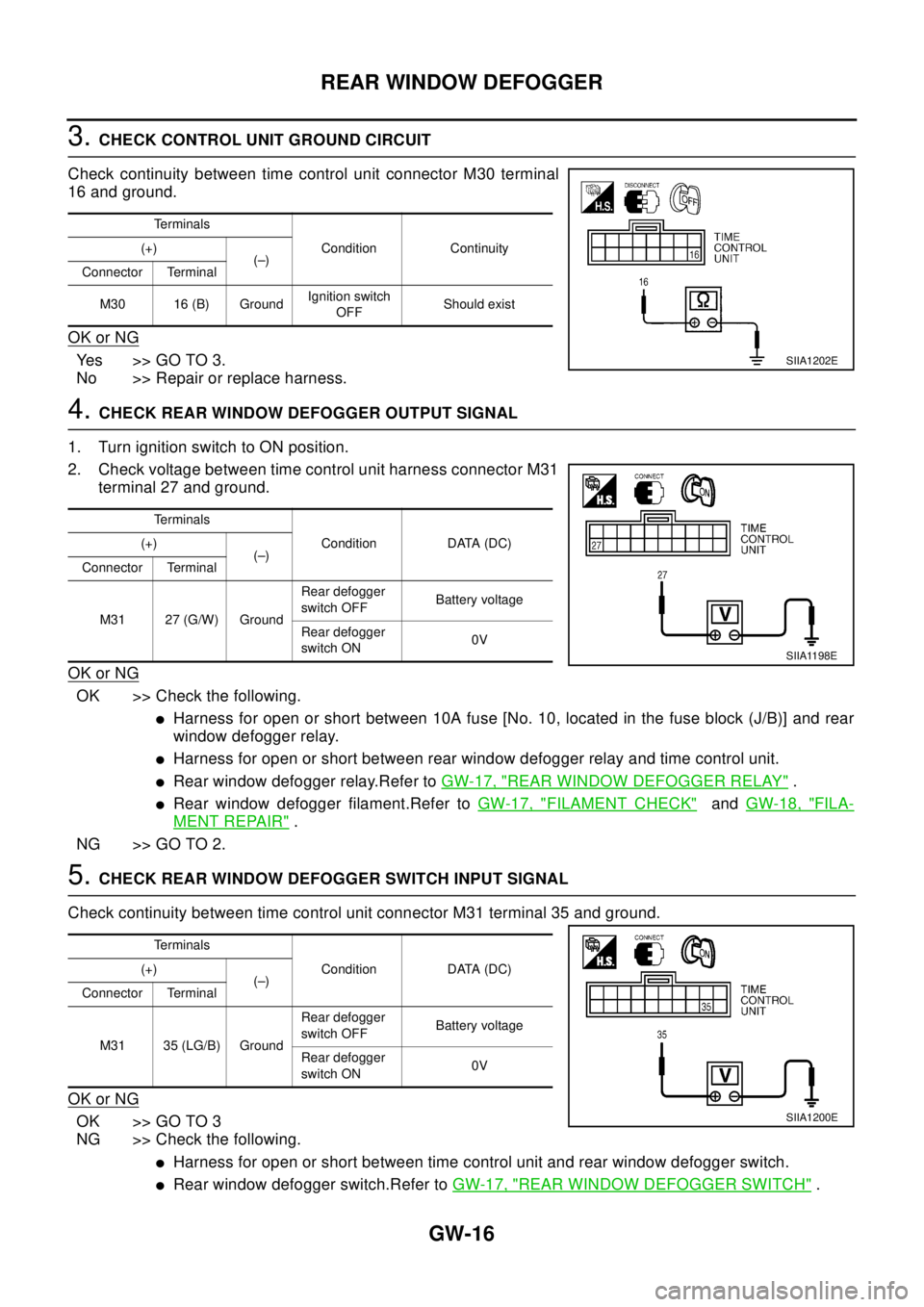 NISSAN X-TRAIL 2003  Electronic Repair Manual GW-16
REAR WINDOW DEFOGGER
3.CHECK CONTROL UNIT GROUND CIRCUIT
Check continuity between time control unit connector M30 terminal
16 and ground.
OK or NG
Yes >>GOTO3.
No >> Repair or replace harness.
4