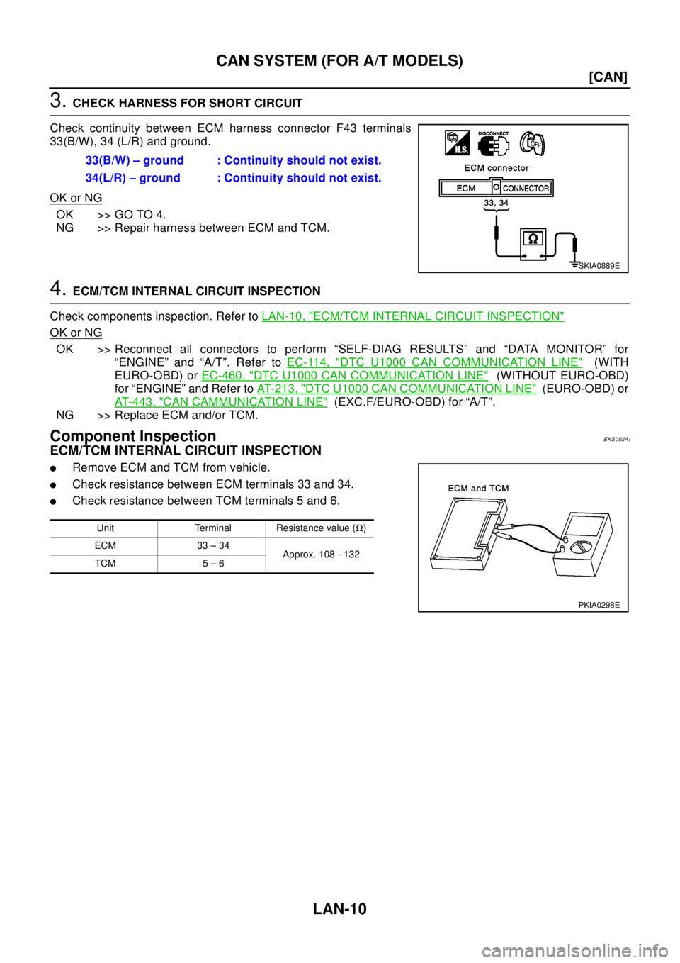 NISSAN X-TRAIL 2003  Electronic Repair Manual LAN-10
[CAN]
CANSYSTEM(FORA/TMODELS)
3.CHECK HARNESS FOR SHORT CIRCUIT
Check continuity between ECM harness connector F43 terminals
33(B/W), 34 (L/R) and ground.
OK or NG
OK >> GO TO 4.
NG >> Repair h