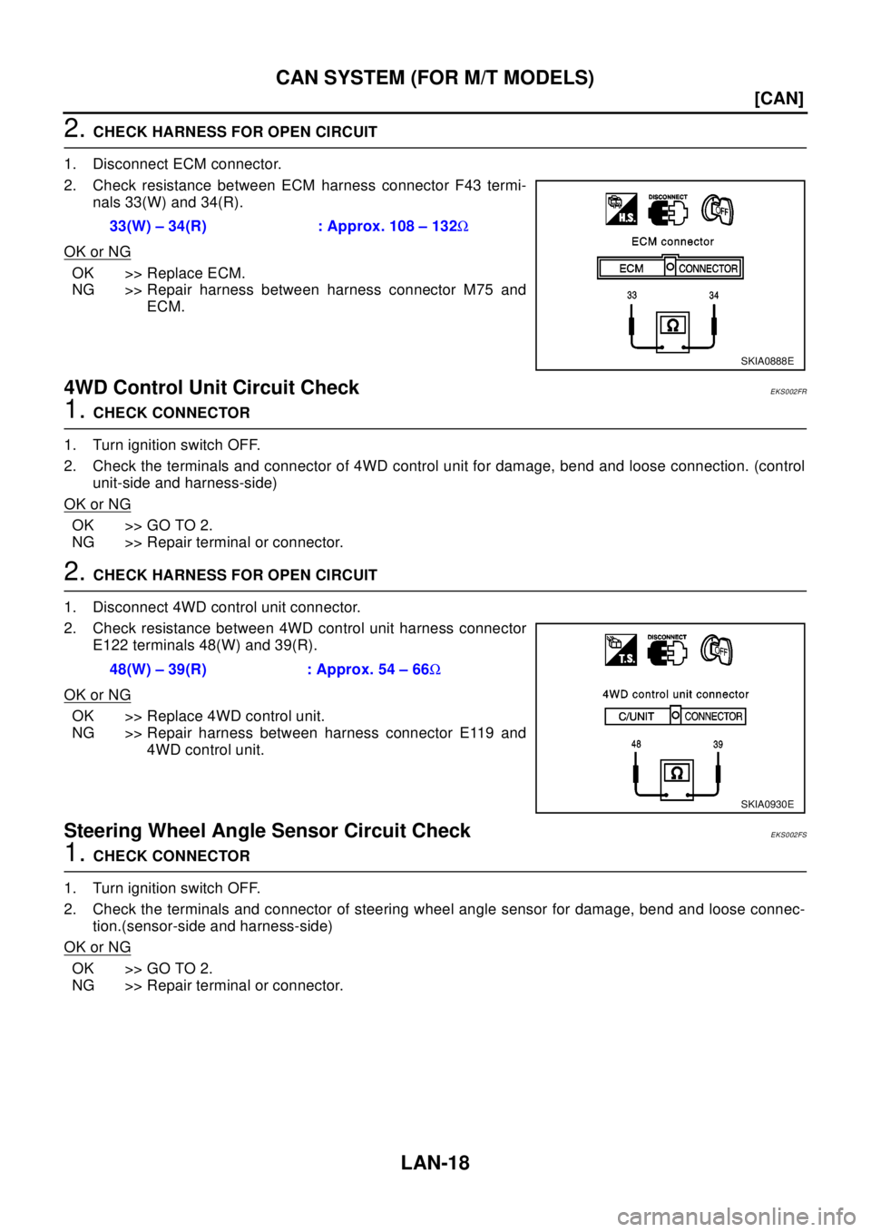NISSAN X-TRAIL 2003  Electronic Repair Manual LAN-18
[CAN]
CAN SYSTEM (FOR M/T MODELS)
2.CHECK HARNESS FOR OPEN CIRCUIT
1. Disconnect ECM connector.
2. Check resistance between ECM harness connector F43 termi-
nals 33(W) and 34(R).
OK or NG
OK >>