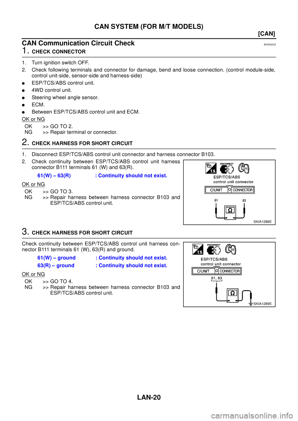 NISSAN X-TRAIL 2003  Electronic Repair Manual LAN-20
[CAN]
CAN SYSTEM (FOR M/T MODELS)
CAN Communication Circuit Check
EKS002LE
1.CHECK CONNECTOR
1. Turn ignition switch OFF.
2. Check following terminals and connector for damage, bend and loose c