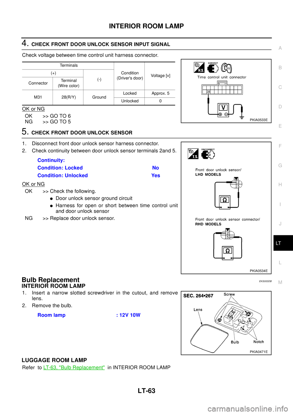 NISSAN X-TRAIL 2003  Electronic Repair Manual INTERIOR ROOM LAMP
LT-63
C
D
E
F
G
H
I
J
L
MA
B
LT
4.CHECK FRONT DOOR UNLOCK SENSOR INPUT SIGNAL
Check voltage between time control unit harness connector.
OK or NG
OK >> GO TO 6
NG >> GO TO 5
5.CHECK