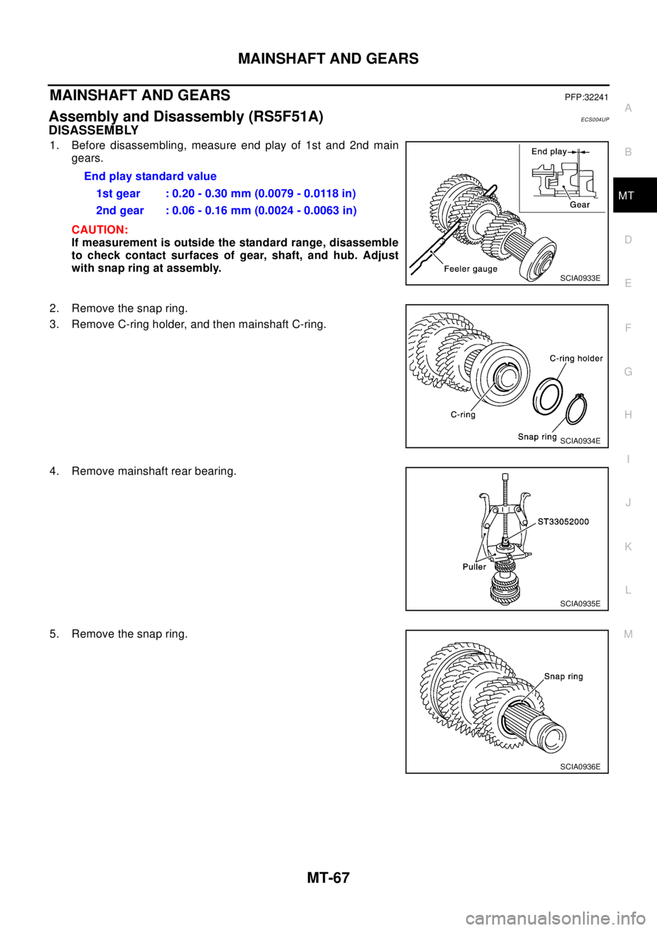NISSAN X-TRAIL 2003  Electronic Repair Manual MAINSHAFT AND GEARS
MT-67
D
E
F
G
H
I
J
K
L
MA
B
MT
MAINSHAFT AND GEARSPFP:32241
Assembly and Disassembly (RS5F51A)ECS004UP
DISASSEMBLY
1. Before disassembling, measure end play of 1st and 2nd main
ge