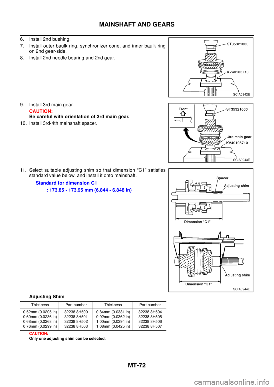 NISSAN X-TRAIL 2003  Electronic Repair Manual MT-72
MAINSHAFT AND GEARS
6. Install 2nd bushing.
7. Install outer baulk ring, synchronizer cone, and inner baulk ring
on 2nd gear-side.
8. Install 2nd needle bearing and 2nd gear.
9. Install 3rd main