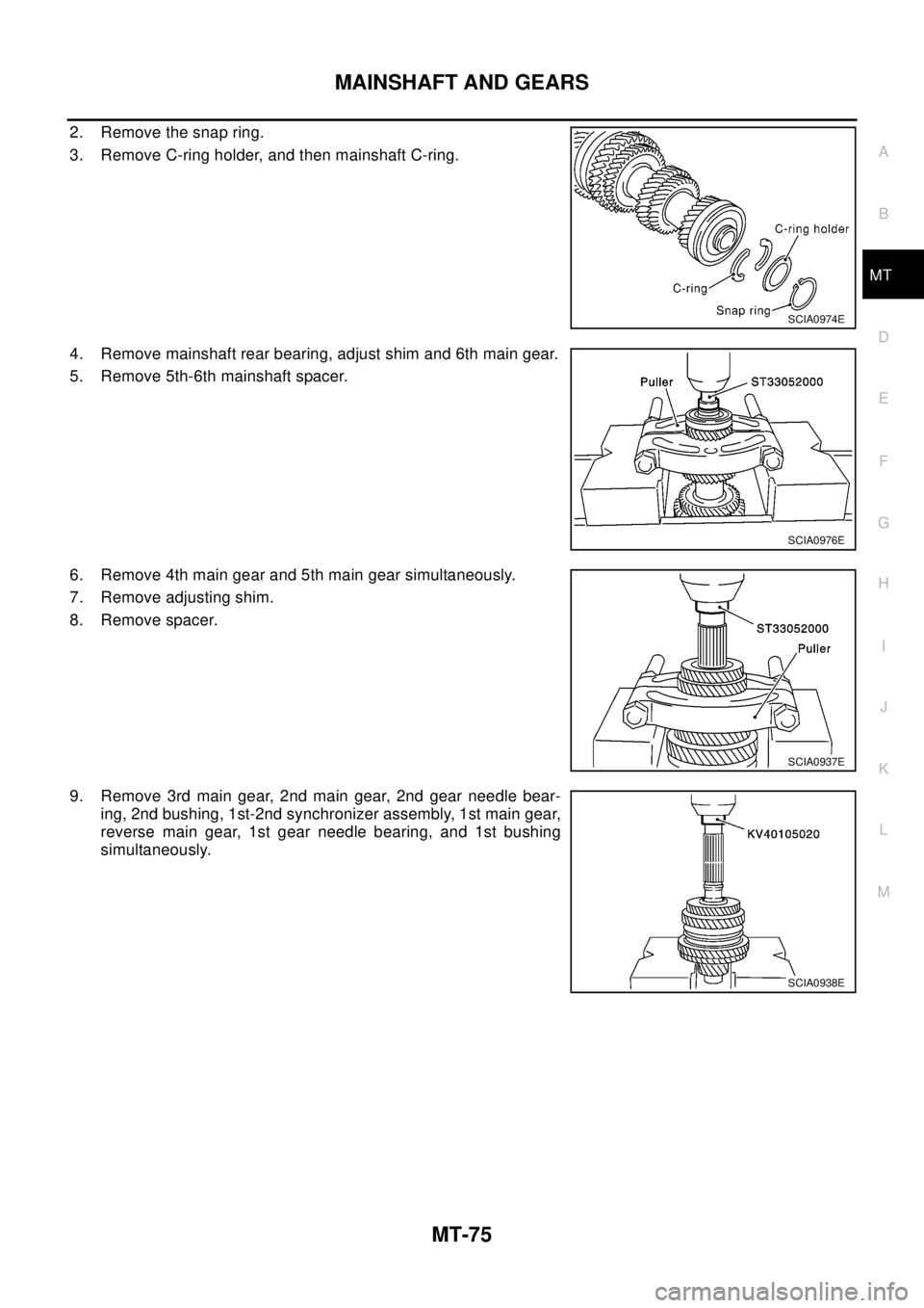 NISSAN X-TRAIL 2003  Electronic Repair Manual MAINSHAFT AND GEARS
MT-75
D
E
F
G
H
I
J
K
L
MA
B
MT
2. Removethesnapring.
3. Remove C-ring holder, and then mainshaft C-ring.
4. Remove mainshaft rear bearing, adjust shim and 6th main gear.
5. Remove