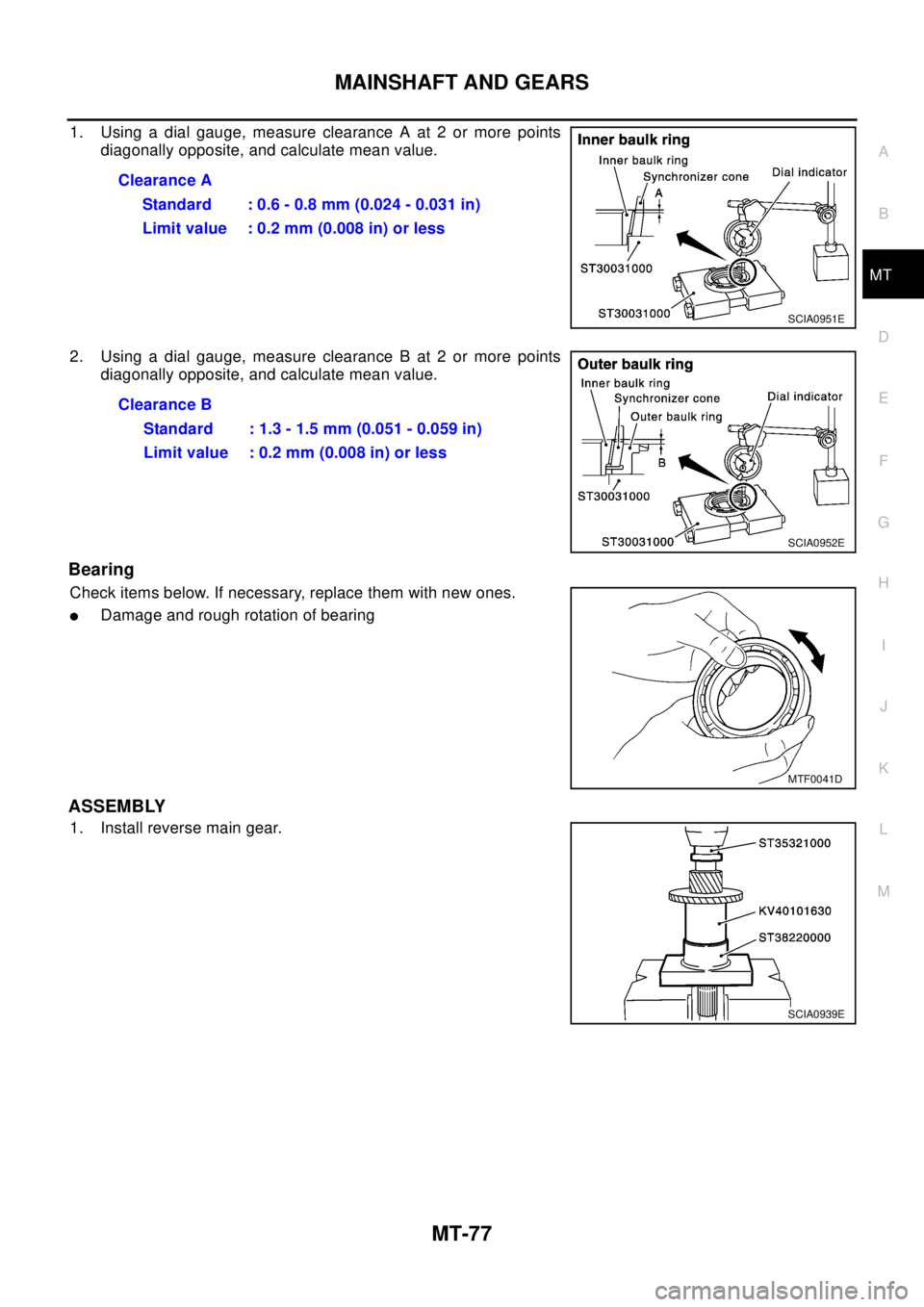 NISSAN X-TRAIL 2003  Electronic Repair Manual MAINSHAFT AND GEARS
MT-77
D
E
F
G
H
I
J
K
L
MA
B
MT
1. Using a dial gauge, measure clearance A at 2 or more points
diagonally opposite, and calculate mean value.
2. Using a dial gauge, measure clearan