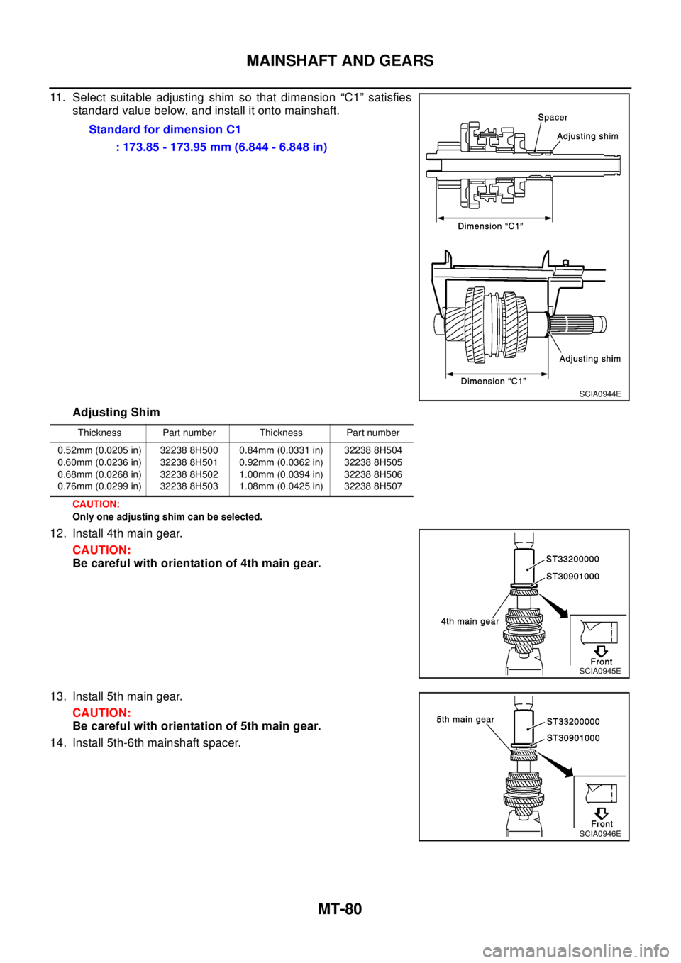 NISSAN X-TRAIL 2003  Electronic Repair Manual MT-80
MAINSHAFT AND GEARS
11. Select suitable adjusting shim so that dimension “C1” satisfies
standard value below, and install it onto mainshaft.
Adjusting Shim
CAUTION:
Only one adjusting shim c