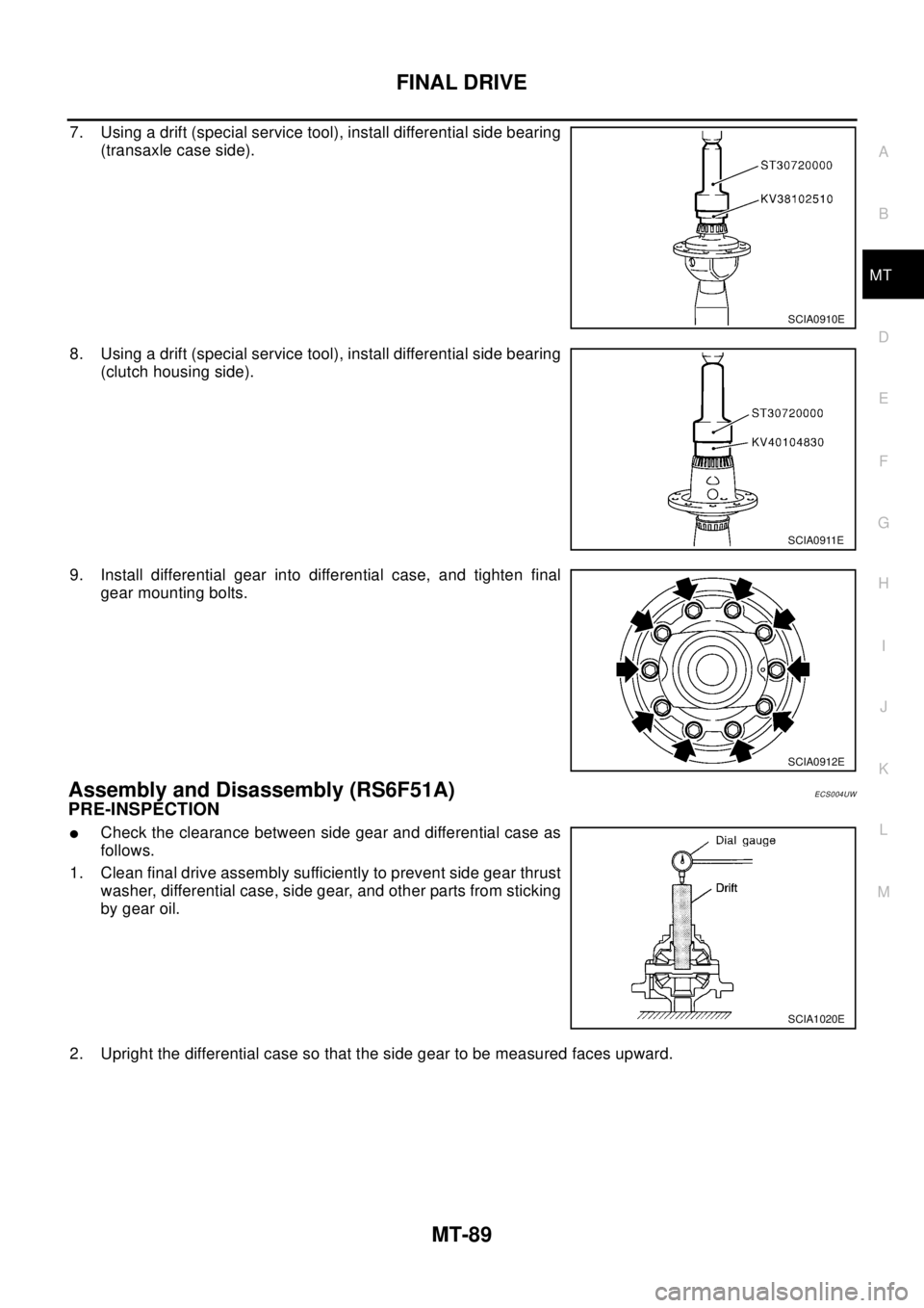 NISSAN X-TRAIL 2003  Electronic Repair Manual FINAL DRIVE
MT-89
D
E
F
G
H
I
J
K
L
MA
B
MT
7. Using a drift (special service tool), install differential side bearing
(transaxle case side).
8. Using a drift (special service tool), install different