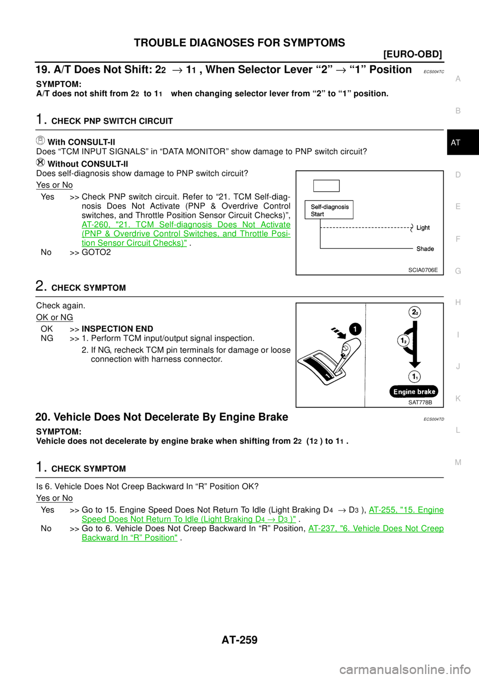 NISSAN X-TRAIL 2003  Electronic Repair Manual TROUBLE DIAGNOSES FOR SYMPTOMS
AT-259
[EURO-OBD]
D
E
F
G
H
I
J
K
L
MA
B
AT
19.A/TDoesNotShift:22®11, When Selector Lever “2”®“1” PositionECS004TC
SYMPTOM:
A/T does not shift from 2
2to 11whe