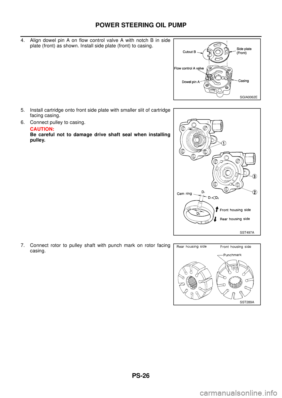 NISSAN X-TRAIL 2003  Electronic Repair Manual PS-26
POWER STEERING OIL PUMP
4. Align dowel pin A on flow control valve A with notch B in side
plate (front) as shown. Install side plate (front) to casing.
5. Install cartridge onto front side plate