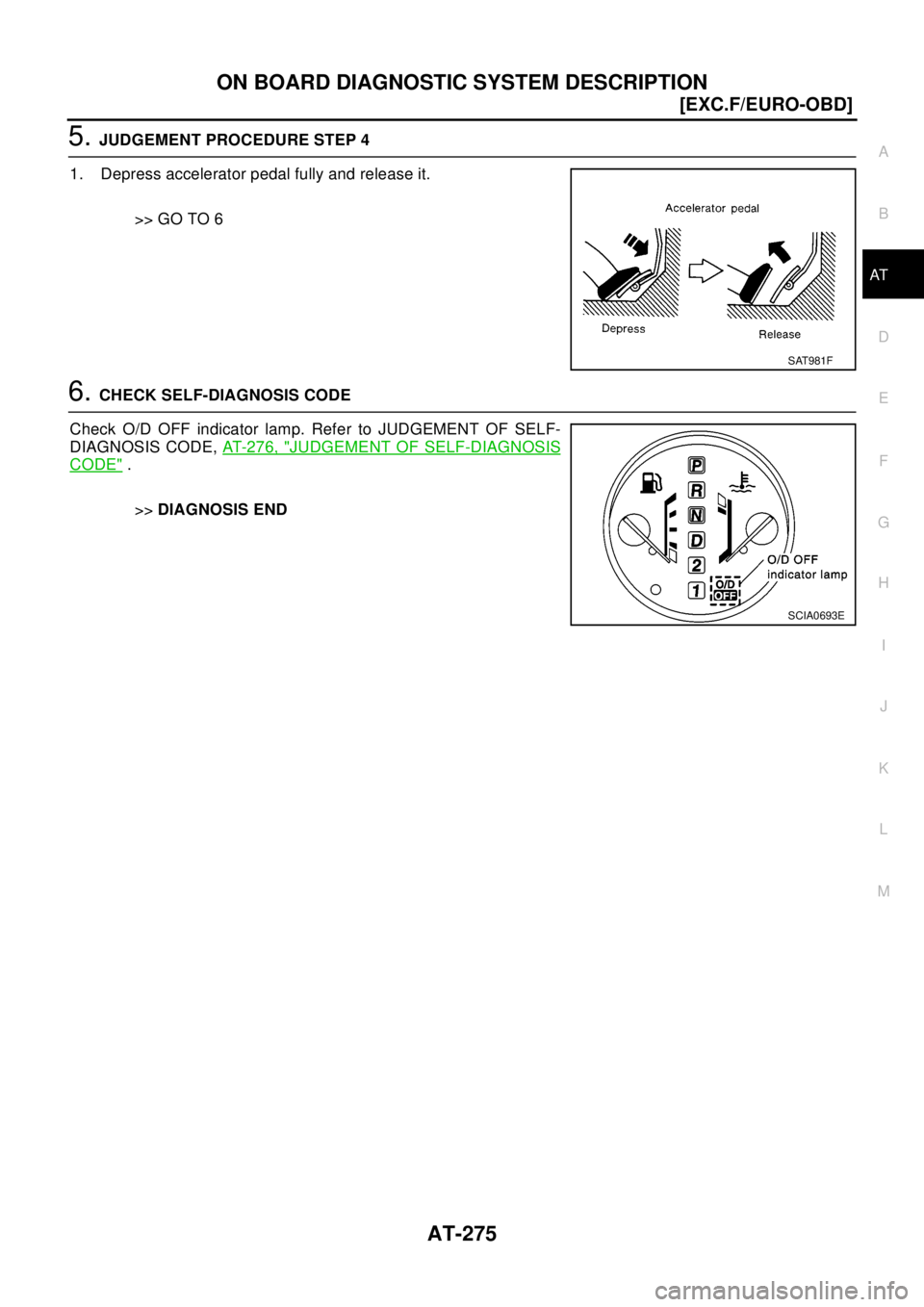 NISSAN X-TRAIL 2003  Electronic Repair Manual ON BOARD DIAGNOSTIC SYSTEM DESCRIPTION
AT-275
[EXC.F/EURO-OBD]
D
E
F
G
H
I
J
K
L
MA
B
AT
5.JUDGEMENT PROCEDURE STEP 4
1. Depress accelerator pedal fully and release it.
>> GO TO 6
6.CHECK SELF-DIAGNOS
