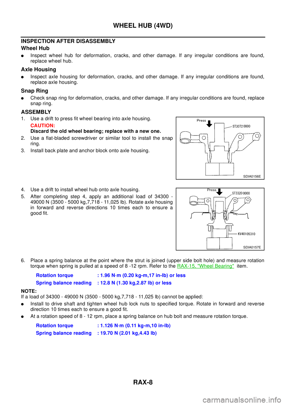 NISSAN X-TRAIL 2003  Electronic Repair Manual RAX-8
WHEEL HUB (4WD)
INSPECTION AFTER DISASSEMBLY
Wheel Hub
lInspect wheel hub for deformation, cracks, and other damage. If any irregular conditions are found,
replace wheel hub.
Axle Housing
lInspe