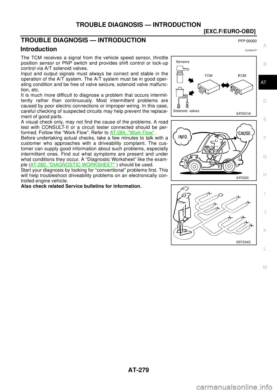 NISSAN X-TRAIL 2003  Electronic Repair Manual TROUBLE DIAGNOSIS — INTRODUCTION
AT-279
[EXC.F/EURO-OBD]
D
E
F
G
H
I
J
K
L
MA
B
AT
TROUBLE DIAGNOSIS — INTRODUCTIONPFP:00000
IntroductionECS004TF
The TCM receives a signal from the vehicle speed s