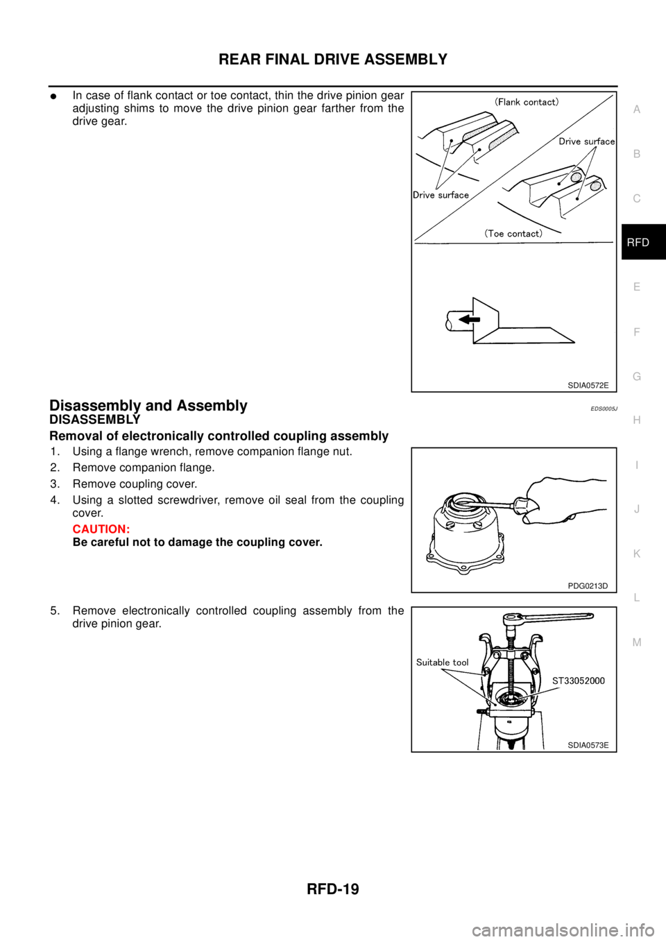 NISSAN X-TRAIL 2003  Electronic Repair Manual REAR FINAL DRIVE ASSEMBLY
RFD-19
C
E
F
G
H
I
J
K
L
MA
B
RFD
lIn case of flank contact or toe contact, thin the drive pinion gear
adjusting shims to move the drive pinion gear farther from the
drive ge