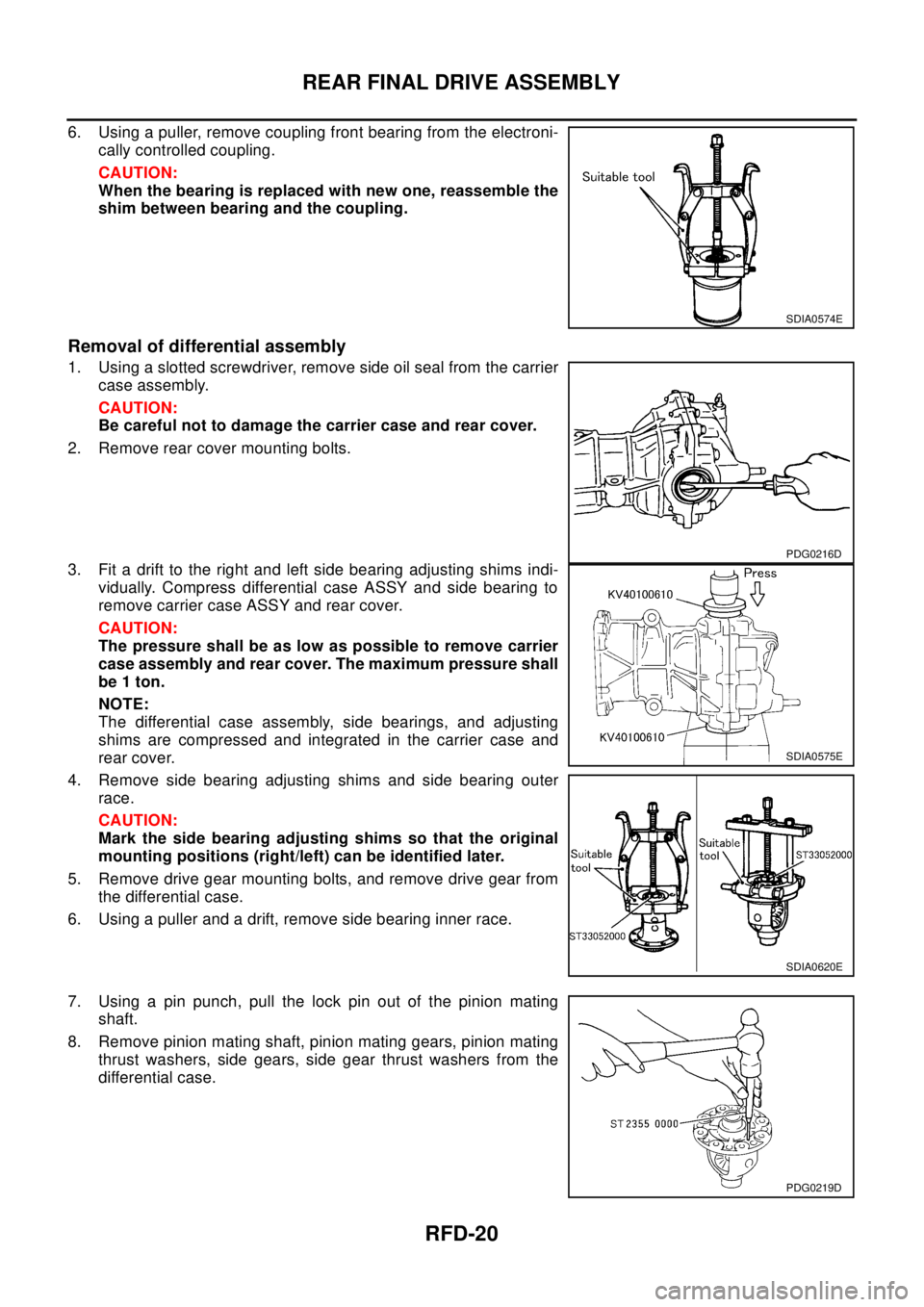 NISSAN X-TRAIL 2003  Electronic Repair Manual RFD-20
REAR FINAL DRIVE ASSEMBLY
6. Using a puller, remove coupling front bearing from the electroni-
cally controlled coupling.
CAUTION:
When the bearing is replaced with new one, reassemble the
shim