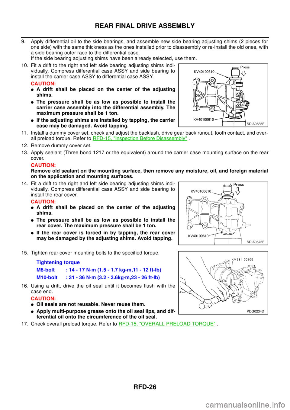 NISSAN X-TRAIL 2003  Electronic Repair Manual RFD-26
REAR FINAL DRIVE ASSEMBLY
9. Apply differential oil to the side bearings, and assemble new side bearing adjusting shims (2 pieces for
one side) with the same thickness as the ones installed pri