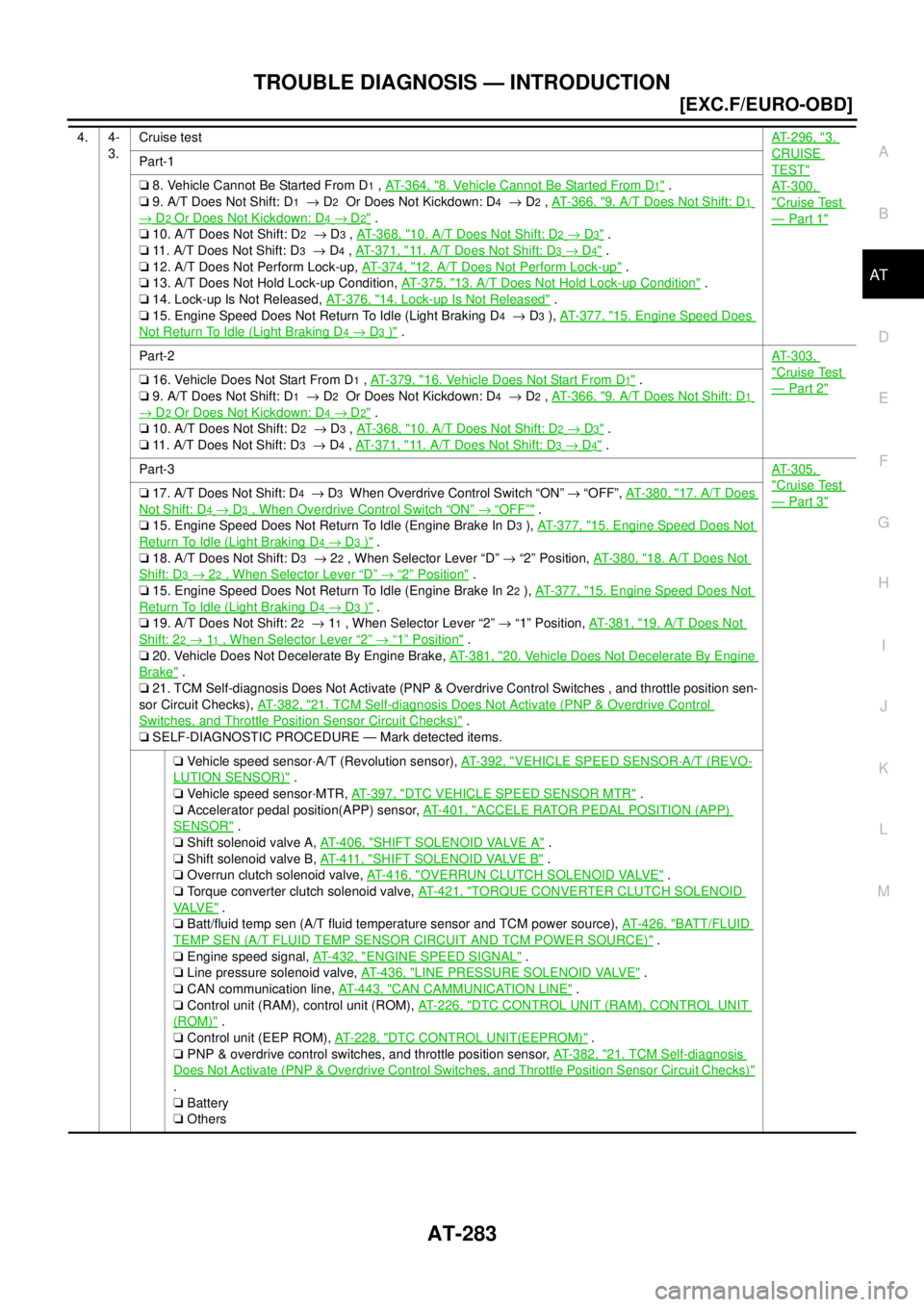 NISSAN X-TRAIL 2003  Electronic Repair Manual TROUBLE DIAGNOSIS — INTRODUCTION
AT-283
[EXC.F/EURO-OBD]
D
E
F
G
H
I
J
K
L
MA
B
AT
4. 4-
3.Cruise testAT- 2 9 6 , "3.
CRUISE
TEST"
AT- 3 0 0 ,
"Cruise Test
—Part 1"
Part-1
o8. Vehicle Cannot Be St