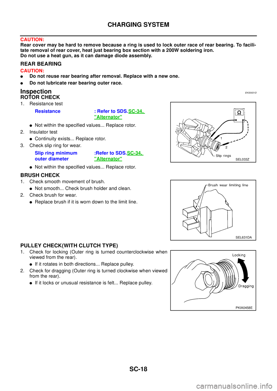 NISSAN X-TRAIL 2003  Electronic Repair Manual SC-18
CHARGING SYSTEM
CAUTION:
Rear cover may be hard to remove because a ring is used to lock outer race of rear bearing. To facili-
tate removal of rear cover, heat just bearing box section with a 2