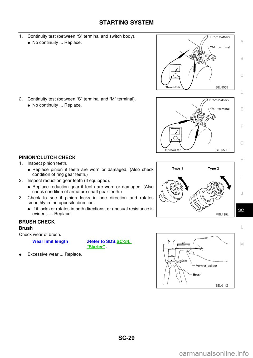 NISSAN X-TRAIL 2003  Electronic Repair Manual STARTING SYSTEM
SC-29
C
D
E
F
G
H
I
J
L
MA
B
SC
1. Continuity test (between “S” terminal and switch body).
lNo continuity ... Replace.
2. Continuity test (between “S” terminal and “M” term