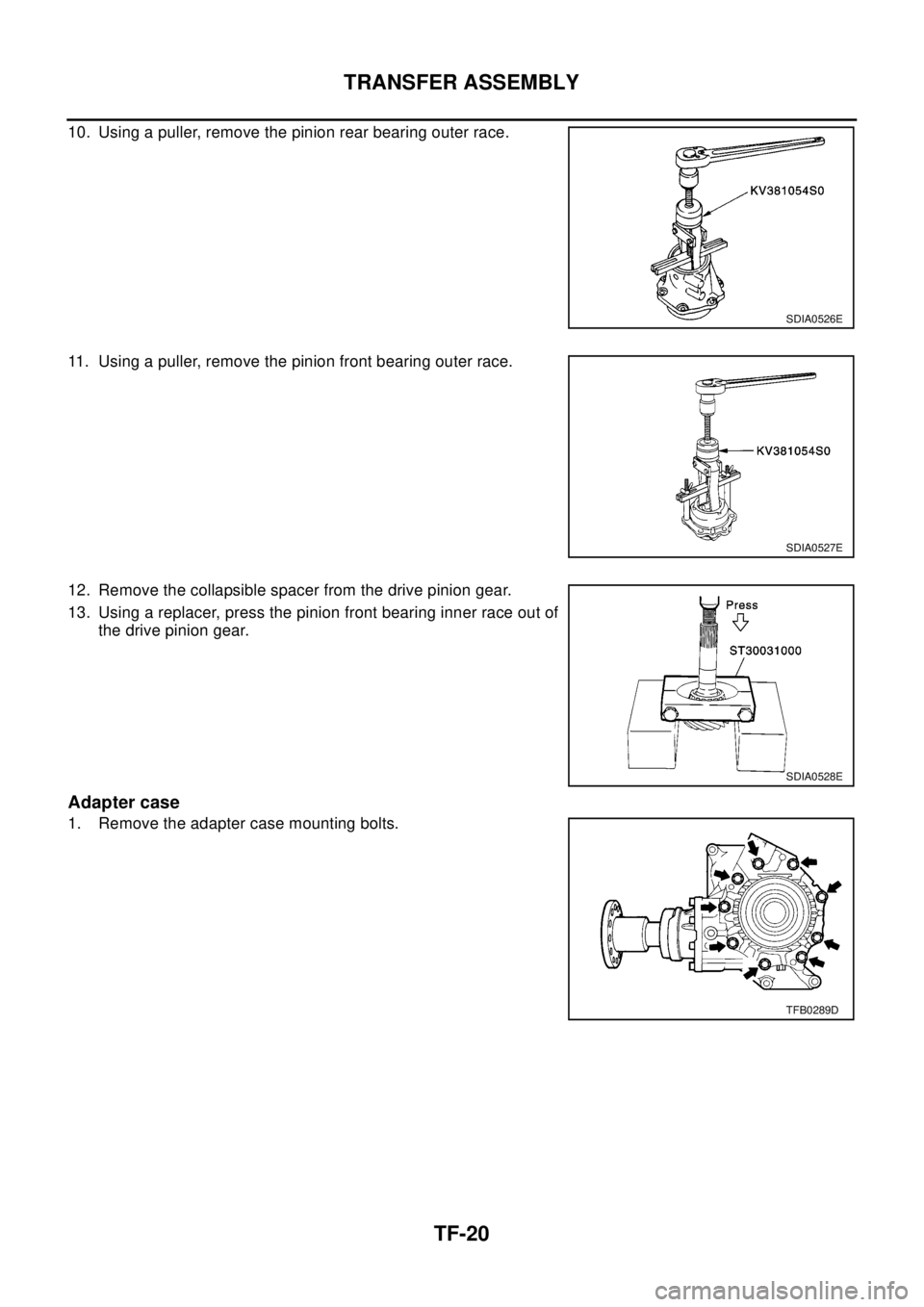 NISSAN X-TRAIL 2003  Electronic Repair Manual TF-20
TRANSFER ASSEMBLY
10. Using a puller, remove the pinion rear bearing outer race.
11. Using a puller, remove the pinion front bearing outer race.
12. Remove the collapsible spacer from the drive 