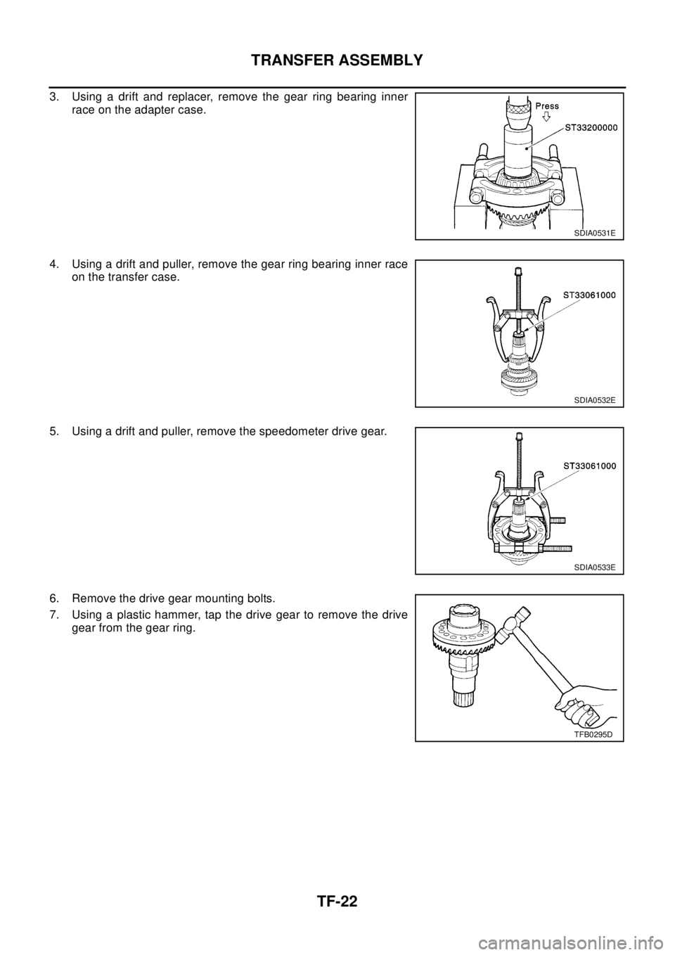 NISSAN X-TRAIL 2003  Electronic Repair Manual TF-22
TRANSFER ASSEMBLY
3. Using a drift and replacer, remove the gear ring bearing inner
race on the adapter case.
4. Using a drift and puller, remove the gear ring bearing inner race
on the transfer