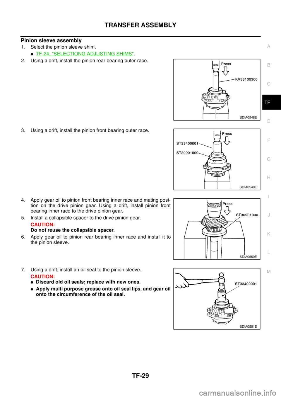 NISSAN X-TRAIL 2003  Electronic Repair Manual TRANSFER ASSEMBLY
TF-29
C
E
F
G
H
I
J
K
L
MA
B
TF
Pinion sleeve assembly
1. Select the pinion sleeve shim.
lTF-24, "SELECTIONG ADJUSTING SHIMS".
2. Using a drift, install the pinion rear bearing outer