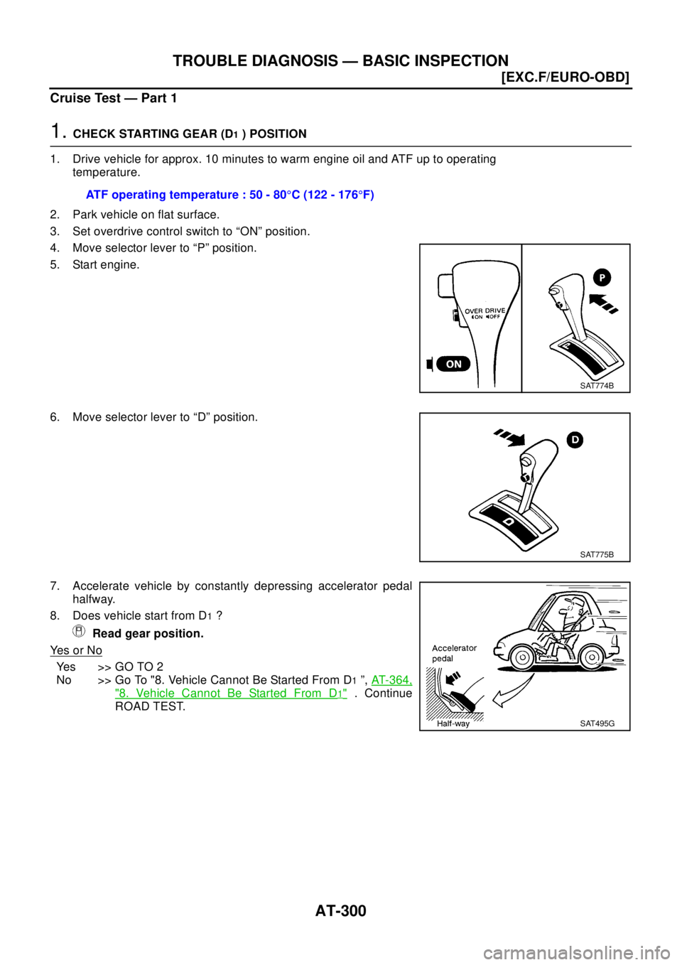 NISSAN X-TRAIL 2003  Electronic Repair Manual AT-300
[EXC.F/EURO-OBD]
TROUBLE DIAGNOSIS — BASIC INSPECTION
Cruise Test — Part 1
1.CHECKSTARTINGGEAR(D1) POSITION
1. Drive vehicle for approx. 10 minutes to warm engine oil and ATF up to operatin