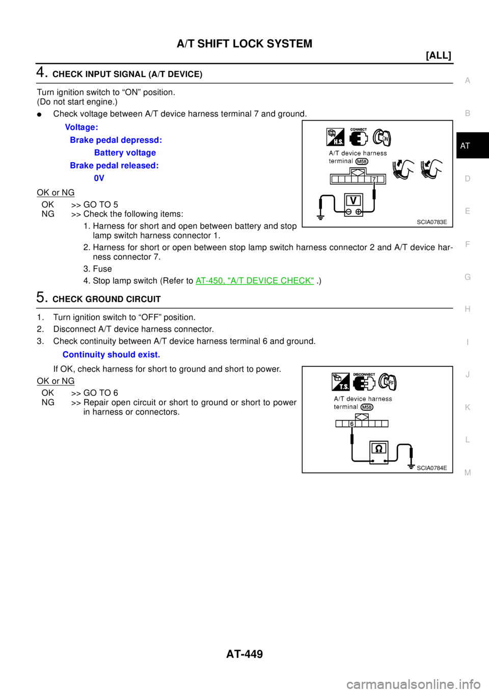 NISSAN X-TRAIL 2003  Electronic Repair Manual A/T SHIFT LOCK SYSTEM
AT-449
[ALL]
D
E
F
G
H
I
J
K
L
MA
B
AT
4.CHECK INPUT SIGNAL (A/T DEVICE)
Turn ignition switch to “ON” position.
(Do not start engine.)
lCheck voltage between A/T device harne