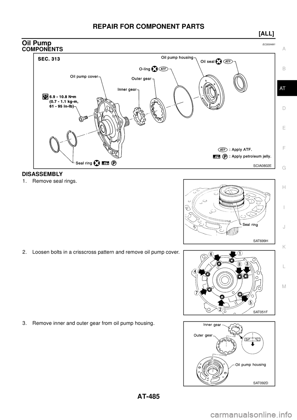 NISSAN X-TRAIL 2003  Electronic Repair Manual REPAIR FOR COMPONENT PARTS
AT-485
[ALL]
D
E
F
G
H
I
J
K
L
MA
B
AT
Oil PumpECS004M1
COMPONENTS
DISASSEMBLY
1. Remove seal rings.
2. Loosen bolts in a crisscross pattern and remove oil pump cover.
3. Re