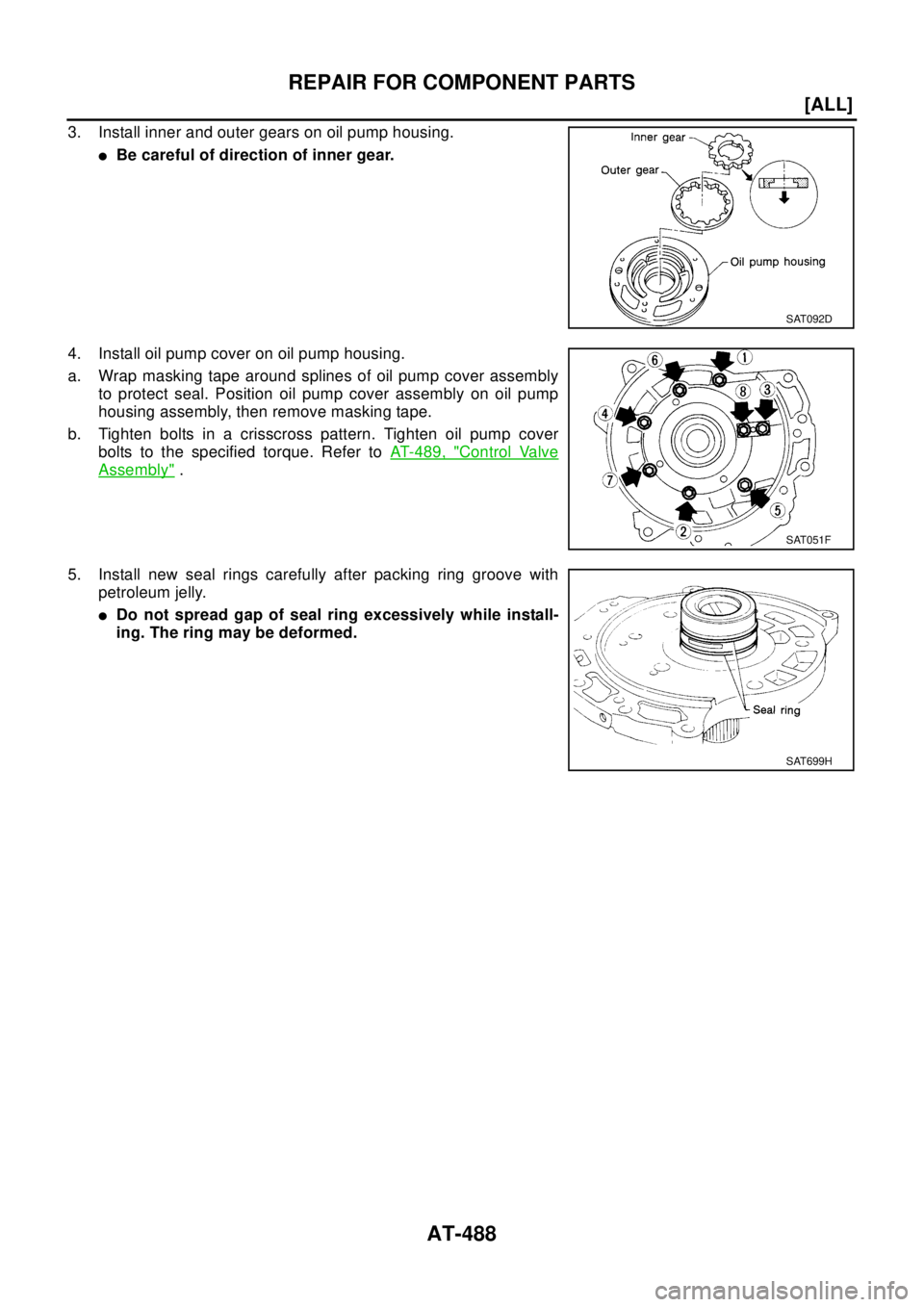 NISSAN X-TRAIL 2003  Electronic Repair Manual AT-488
[ALL]
REPAIR FOR COMPONENT PARTS
3. Install inner and outer gears on oil pump housing.
lBe careful of direction of inner gear.
4. Install oil pump cover on oil pump housing.
a. Wrap masking tap
