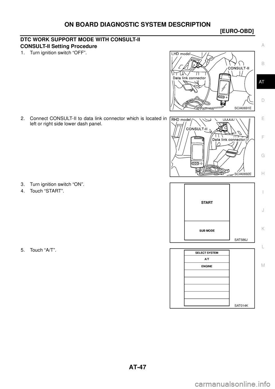 NISSAN X-TRAIL 2003  Electronic Repair Manual ON BOARD DIAGNOSTIC SYSTEM DESCRIPTION
AT-47
[EURO-OBD]
D
E
F
G
H
I
J
K
L
MA
B
AT
DTC WORK SUPPORT MODE WITH CONSULT-II
CONSULT-II Setting Procedure
1. Turn ignition switch “OFF”.
2. Connect CONSU