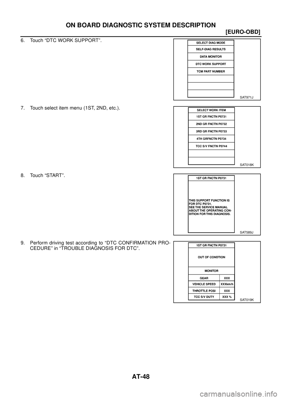 NISSAN X-TRAIL 2003  Electronic Repair Manual AT-48
[EURO-OBD]
ON BOARD DIAGNOSTIC SYSTEM DESCRIPTION
6. Touch “DTC WORK SUPPORT”.
7. Touch select item menu (1ST, 2ND, etc.).
8. Touch “START”.
9. Perform driving test according to “DTC C