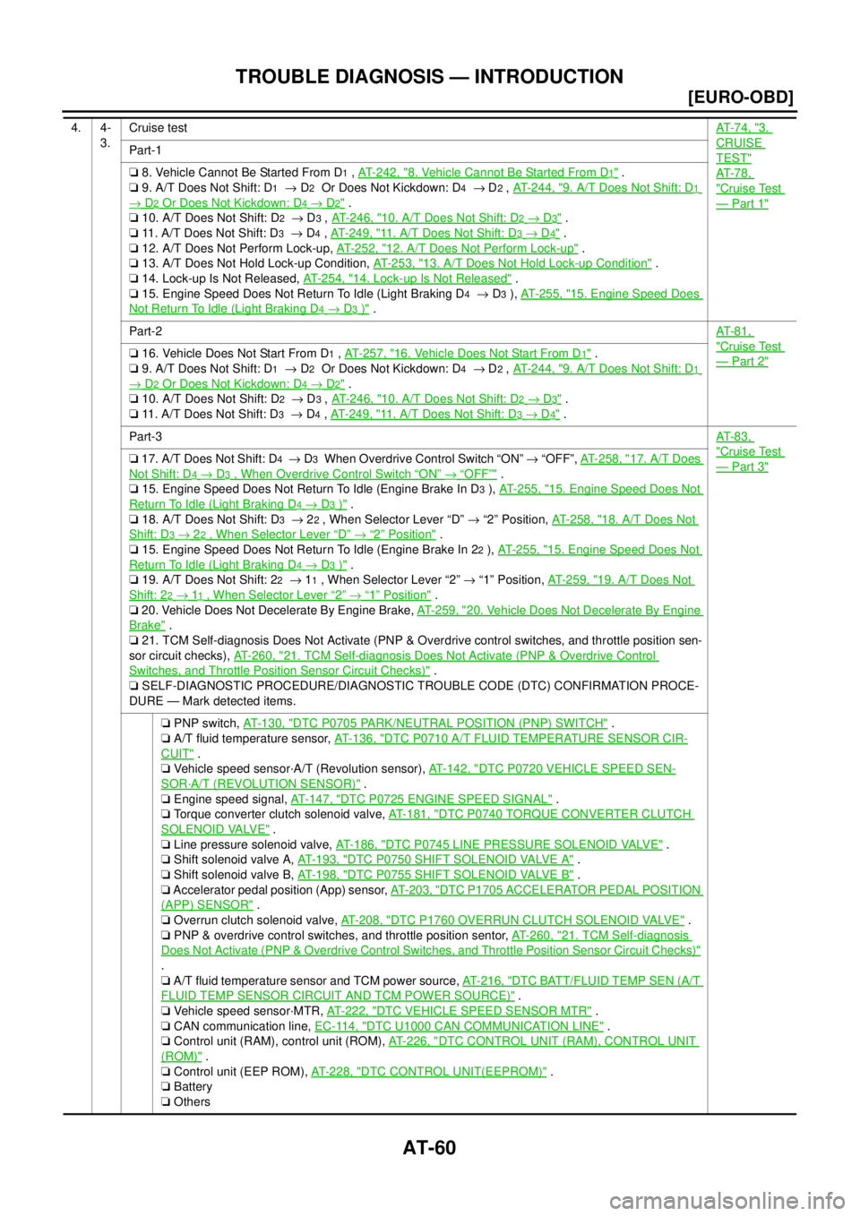 NISSAN X-TRAIL 2003  Electronic Repair Manual AT-60
[EURO-OBD]
TROUBLE DIAGNOSIS — INTRODUCTION
4. 4-
3.Cruise testAT-74, "3.
CRUISE
TEST"
AT-78,
"Cruise Test
—Part 1"
Part-1
o8. Vehicle Cannot Be Started From D
1,AT- 2 4 2 , "8. Vehicle Cann