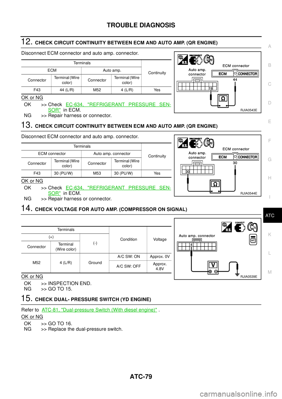 NISSAN X-TRAIL 2003 Electronic Repair Manual TROUBLE DIAGNOSIS
ATC-79
C
D
E
F
G
H
I
K
L
MA
B
AT C
12.CHECK CIRCUIT CONTINUITY BETWEEN ECM AND AUTO AMP. (QR ENGINE)
Disconnect ECM connector and auto amp. connector.
OK or NG
OK >> CheckEC-634, "RE NISSAN X-TRAIL 2003 Electronic Repair Manual TROUBLE DIAGNOSIS
ATC-79
C
D
E
F
G
H
I
K
L
MA
B
AT C
12.CHECK CIRCUIT CONTINUITY BETWEEN ECM AND AUTO AMP. (QR ENGINE)
Disconnect ECM connector and auto amp. connector.
OK or NG
OK >> CheckEC-634, "RE