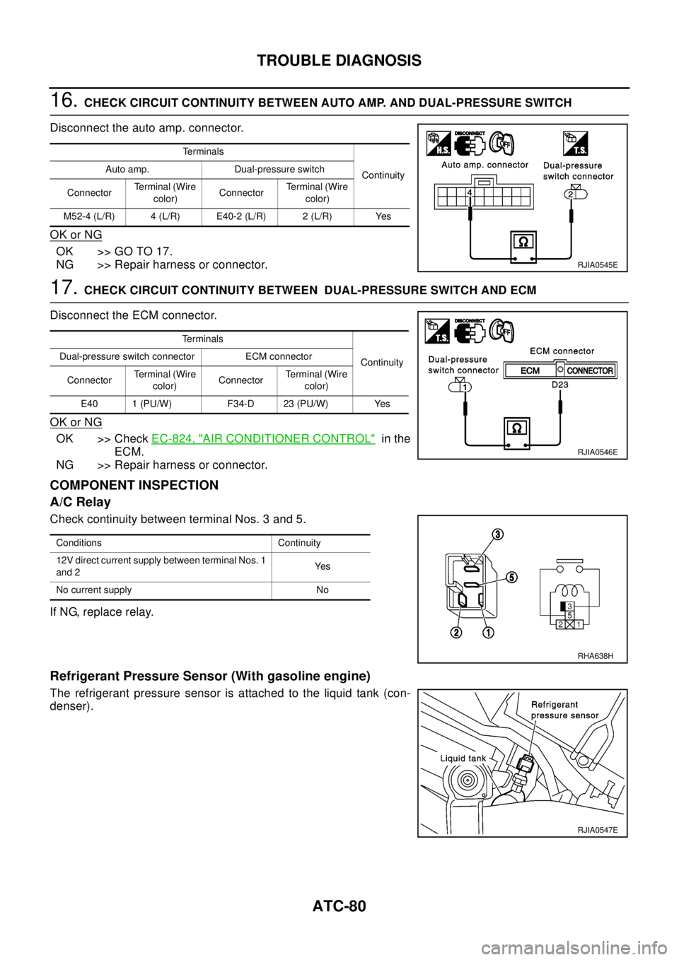 NISSAN X-TRAIL 2003 Electronic Repair Manual ATC-80
TROUBLE DIAGNOSIS
16.CHECK CIRCUIT CONTINUITY BETWEEN AUTO AMP. AND DUAL-PRESSURE SWITCH
Disconnect the auto amp. connector.
OK or NG
OK >> GO TO 17.
NG >> Repair harness or connector.
17.CHECK NISSAN X-TRAIL 2003 Electronic Repair Manual ATC-80
TROUBLE DIAGNOSIS
16.CHECK CIRCUIT CONTINUITY BETWEEN AUTO AMP. AND DUAL-PRESSURE SWITCH
Disconnect the auto amp. connector.
OK or NG
OK >> GO TO 17.
NG >> Repair harness or connector.
17.CHECK
