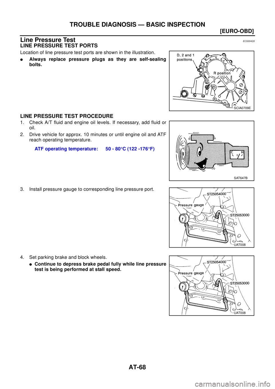 NISSAN X-TRAIL 2003  Electronic Repair Manual AT-68
[EURO-OBD]
TROUBLE DIAGNOSIS — BASIC INSPECTION
Line Pressure Test
ECS004QS
LINE PRESSURE TEST PORTS
Location of line pressure test ports are shown in the illustration.
lAlways replace pressur