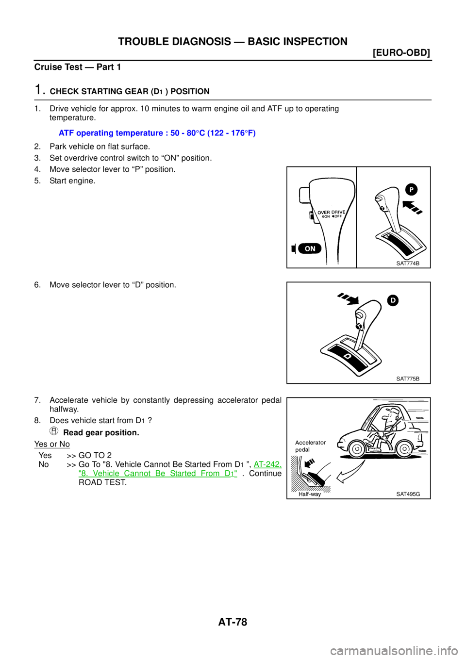 NISSAN X-TRAIL 2003  Electronic Repair Manual AT-78
[EURO-OBD]
TROUBLE DIAGNOSIS — BASIC INSPECTION
Cruise Test — Part 1
1.CHECKSTARTINGGEAR(D1) POSITION
1. Drive vehicle for approx. 10 minutes to warm engine oil and ATF up to operating
tempe