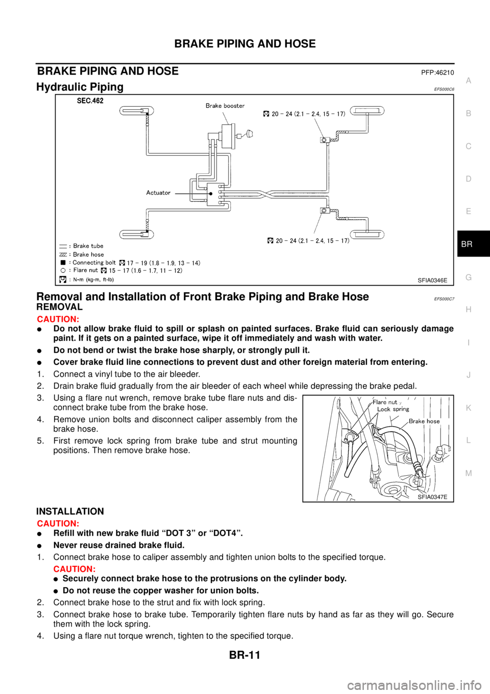 NISSAN X-TRAIL 2003  Electronic Repair Manual BRAKE PIPING AND HOSE
BR-11
C
D
E
G
H
I
J
K
L
MA
B
BR
BRAKE PIPING AND HOSEPFP:46210
Hydraulic PipingEFS000C6
Removal and Installation of Front Brake Piping and Brake HoseEFS000C7
REMOVAL
CAUTION:
lDo