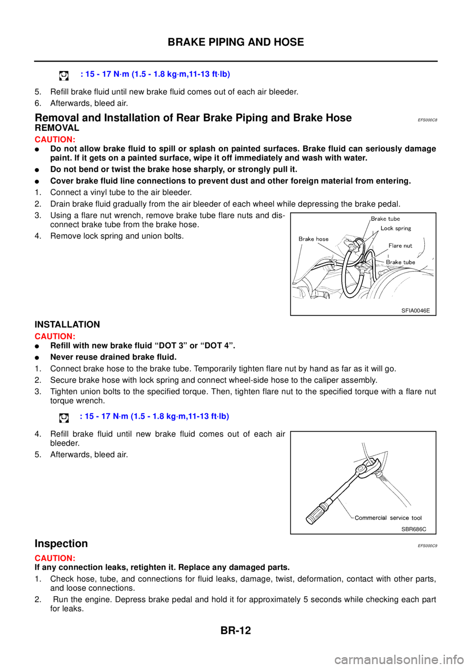 NISSAN X-TRAIL 2003  Electronic Repair Manual BR-12
BRAKE PIPING AND HOSE
5. Refill brake fluid until new brake fluid comes out of each air bleeder.
6. Afterwards, bleed air.
Removal and Installation of Rear Brake Piping and Brake HoseEFS000C8
RE