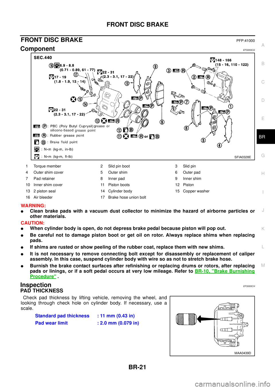 NISSAN X-TRAIL 2003  Electronic Repair Manual FRONT DISC BRAKE
BR-21
C
D
E
G
H
I
J
K
L
MA
B
BR
FRONT DISC BRAKEPFP:41000
ComponentEFS000CG
WA RN ING:
lClean brake pads with a vacuum dust collector to minimize the hazard of airborne particles or
o