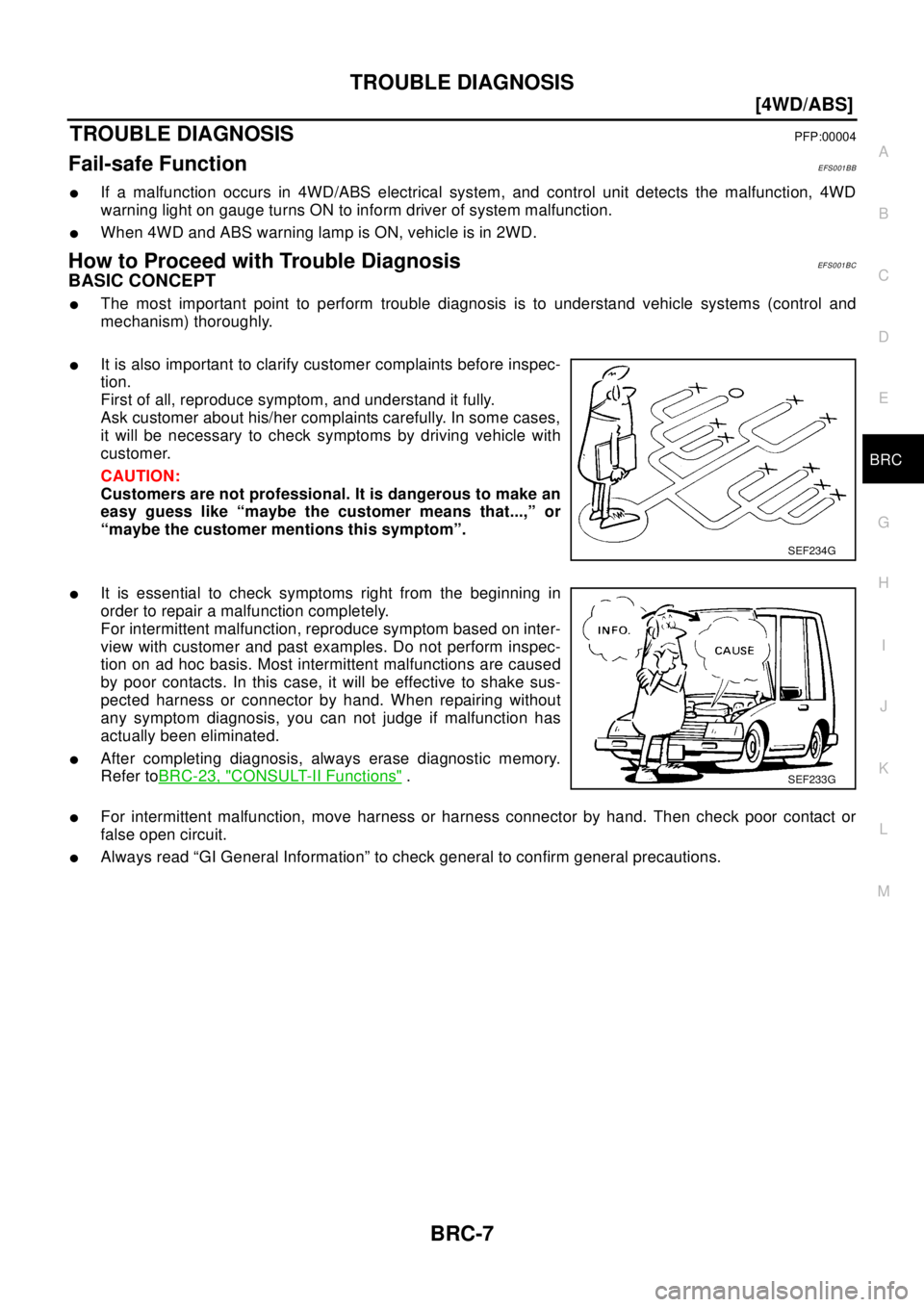 NISSAN X-TRAIL 2003  Electronic Repair Manual TROUBLE DIAGNOSIS
BRC-7
[4WD/ABS]
C
D
E
G
H
I
J
K
L
MA
B
BRC
TROUBLE DIAGNOSISPFP:00004
Fail-safe FunctionEFS001BB
lIf a malfunction occurs in 4WD/ABS electrical system, and control unit detects the m