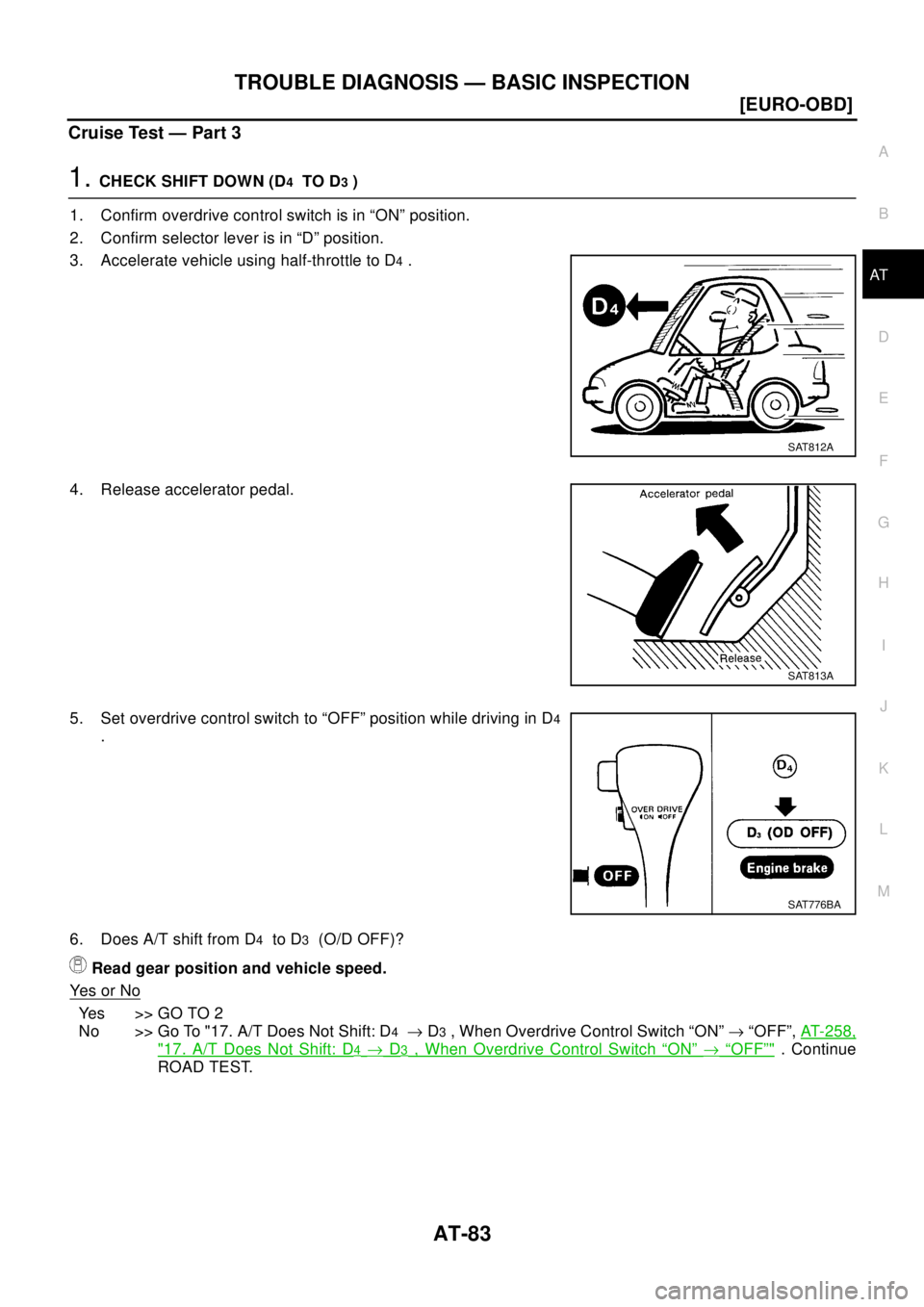 NISSAN X-TRAIL 2003  Electronic Repair Manual TROUBLE DIAGNOSIS — BASIC INSPECTION
AT-83
[EURO-OBD]
D
E
F
G
H
I
J
K
L
MA
B
AT
Cruise Test — Part 3
1.CHECK SHIFT DOWN (D4TO D3)
1. Confirm overdrive control switch is in “ON” position.
2. Co