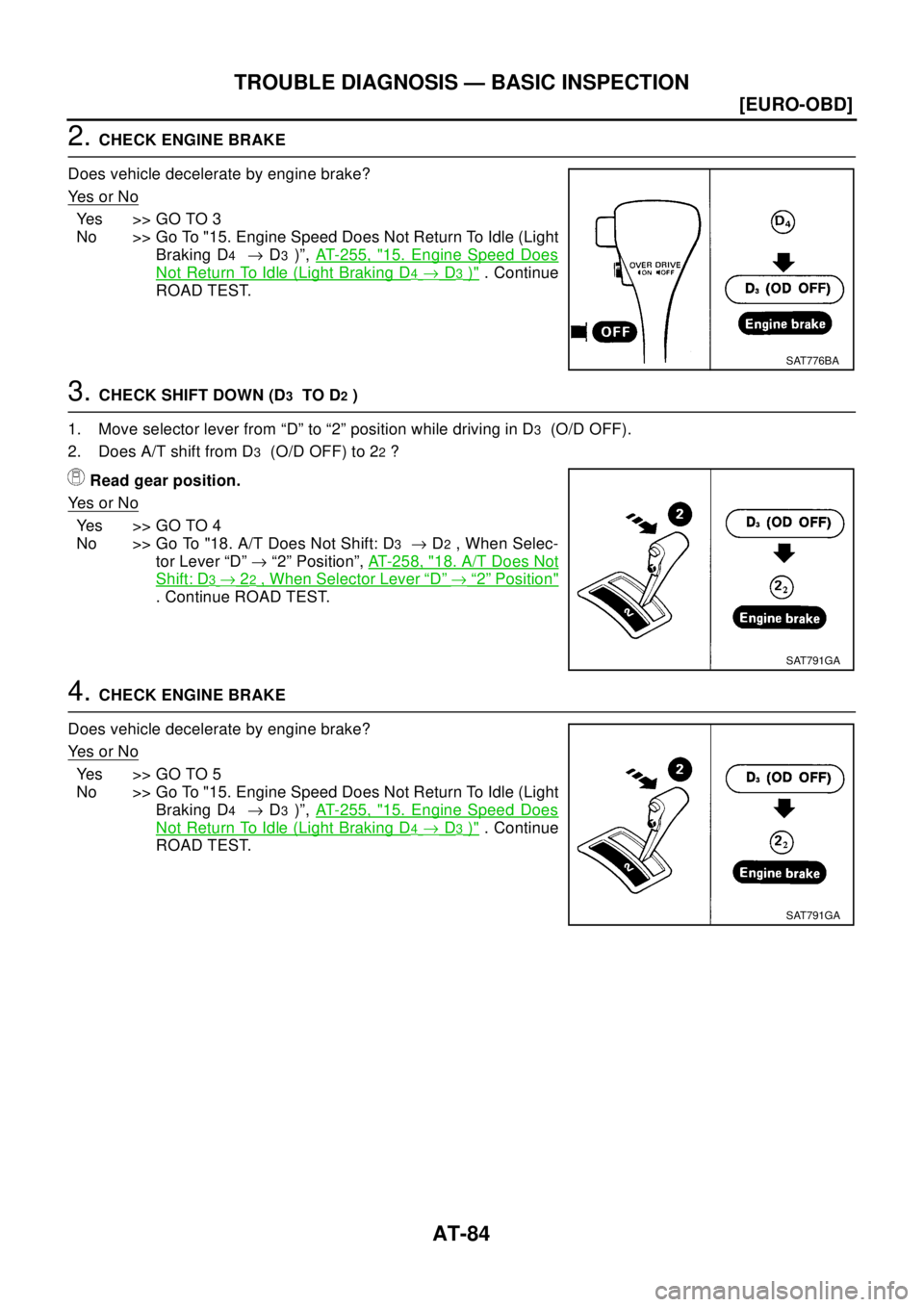 NISSAN X-TRAIL 2003  Electronic Repair Manual AT-84
[EURO-OBD]
TROUBLE DIAGNOSIS — BASIC INSPECTION
2.CHECK ENGINE BRAKE
Does vehicle decelerate by engine brake?
Ye s o r N o
Yes >>GOTO3
No >> Go To "15. Engine Speed Does Not Return To Idle (Li