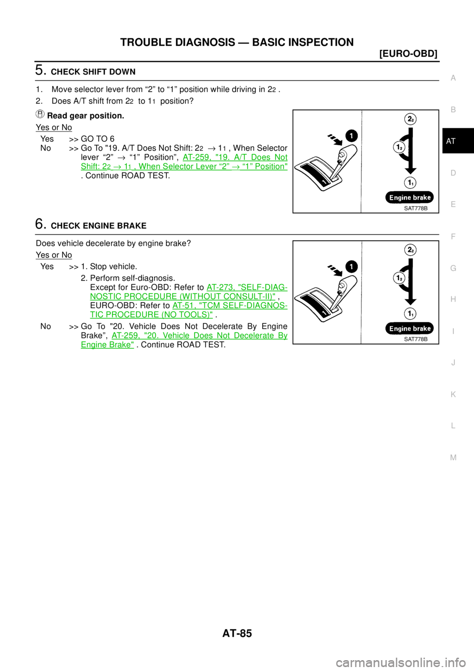 NISSAN X-TRAIL 2003  Electronic Repair Manual TROUBLE DIAGNOSIS — BASIC INSPECTION
AT-85
[EURO-OBD]
D
E
F
G
H
I
J
K
L
MA
B
AT
5.CHECK SHIFT DOWN
1. Move selector lever from “2” to “1” position while driving in 2
2.
2. Does A/T shift fro