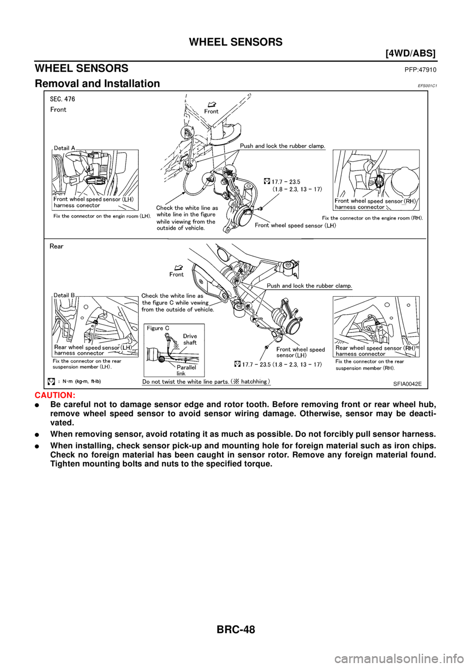 NISSAN X-TRAIL 2003  Electronic Repair Manual BRC-48
[4WD/ABS]
WHEEL SENSORS
WHEEL SENSORS
PFP:47910
Removal and InstallationEFS001C1
CAUTION:
lBe careful not to damage sensor edge and rotor tooth. Before removing front or rear wheel hub,
remove 