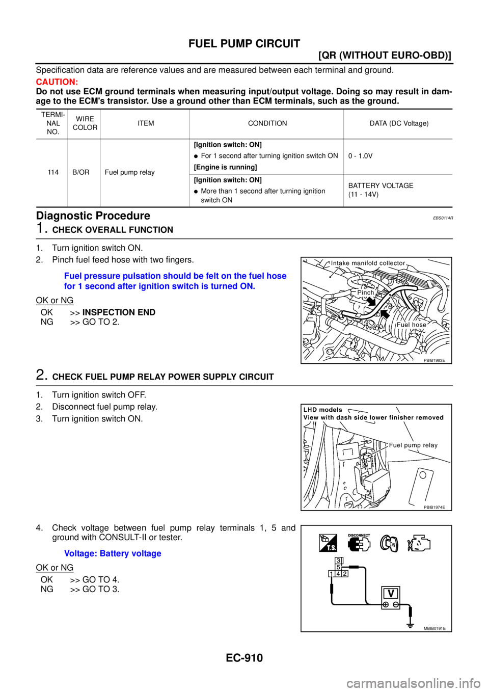 NISSAN X-TRAIL 2005  Service Repair Manual EC-910
[QR (WITHOUT EURO-OBD)]
FUEL PUMP CIRCUIT
 
Specification data are reference values and are measured between each terminal and ground.
CAUTION:
Do not use ECM ground terminals when measuring in